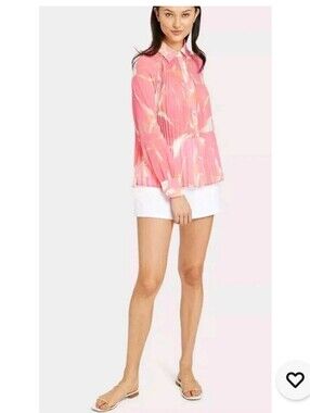 Milly Beth Stencil Floral  Pleated Balloon Sleeve A Line Button Up Sheer Blouse